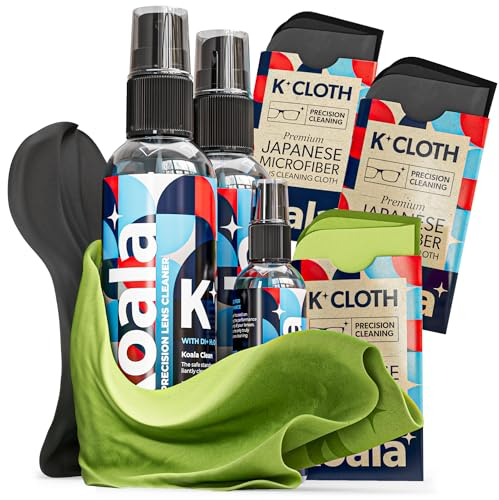 Koala Eyeglass Lens Cleaner Spray Kit | (2x) 8oz + (1x) 2oz Glasses Cleaner Bottle + (3x) Microfiber Cloth | Alcohol Free Eyeglasses, Screen, and Camera Cleaning Kit (6 Piece Set)