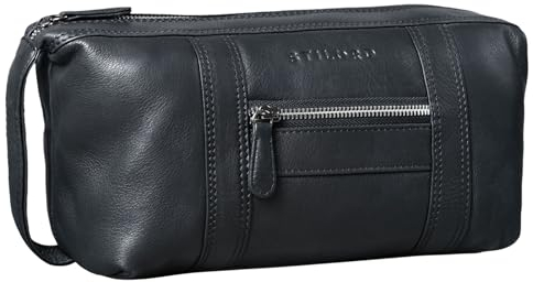 STILORD 'Bruno' Leder Kulturbeutel Vintage für Herren Damen Große Kulturtasche Zwei Fächer Waschtasche mit Henkel für Reisen, Farbe:schwarz