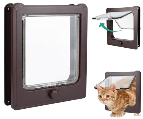 NAMSAN Puerta para Gatos Con 4 Vías, Grande, 27,5 x 23,5 cm, para Puerta Interior, Resistente al Viento, Silenciosa, para Cachorros, Color Marrón
