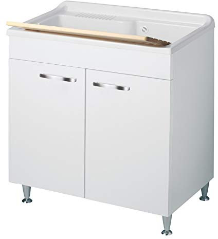 Negrari Classica Lavatoio Montato 80x50 L80 P50 H85 cm Bianco Interno Mobile Legno Vasca Grande Polipropilene Termoformatura Asse Pino Piedi Regolabili Cerniere Ante Slow Arrotondate Maniglie Cromate
