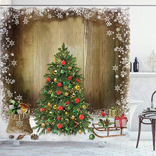 ABAKUHAUS Weihnachten Duschvorhang, Pine Tree Presents, Stoffliches Gewebe Badezimmerdekorationsset mit Haken, 175 x 180 cm, Braun Grün