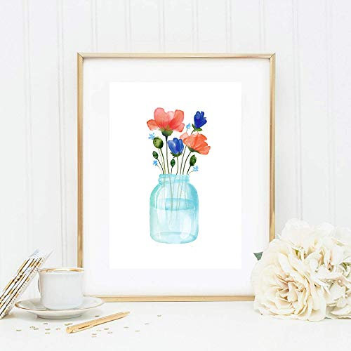 Din A4 Kunstdruck ungerahmt Vase mit Blumen Blumenstrauß Mohn Klatschmohn Kornblume Aquarell Druck Poster Bild