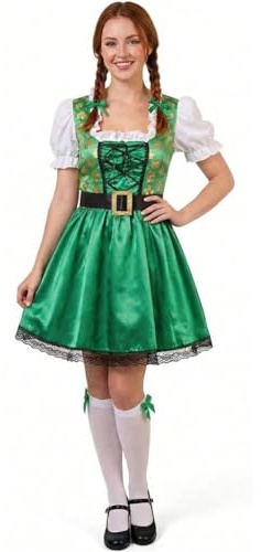 Damen St. Patricks Day Kleid – Grünes Kleeblatt-Druck-Kleid mit Korsett und Gürtel – Erwachsene Irish Rugby Football Lady Kobold Kostüm (UK 16-18)