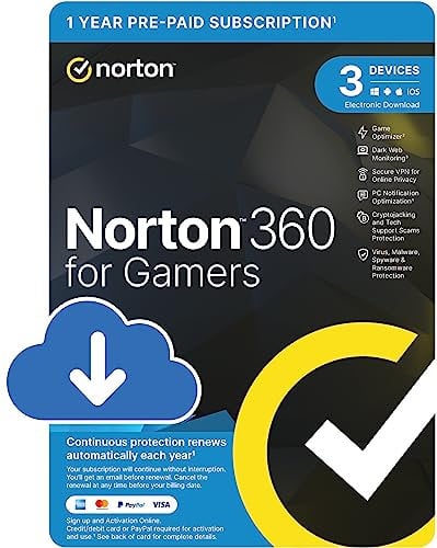 Norton 360 for Gamers 2025, Antivirus software 3 Devices and 1-year subscription with automatic renewal, Secure VPN, Dark Web Monitoring and Password Manager, PC/Mac/iOS/Android