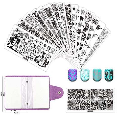 BeautyLeader 20 Pcs Nail Stamp Set - 15 Stamper Plates, 2 Stamper, 2 Scraper, Storage Bag - Animal, Flowers, Leaves Nail Art Template