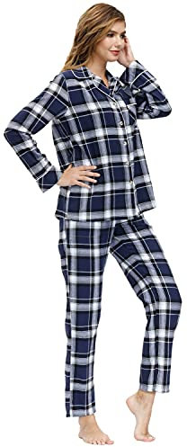 MoFiz Pyjama Femme Coton Ensemble de Pyjama Carreaux Vêtements de Nuit Boutonné à Manches Longues Pantalon avec Poches L