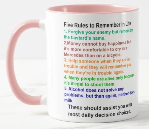 Vixar Five Rules to Remember in Life Funny Novelty Coloured Mug Cup Gift Birthday Work Office Christmas Tea Coffee (Pink)