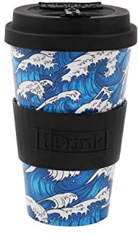 IDRINK®- Taza de café de RPET con tapa de silicona de apertura, fácil de llevar Taza de 435 ml para llevar de plástico reciclado 8,7 x 8,7 x 15 cm ergonómica 435 ml (WAVE)