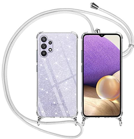 Yoedge Handykette Durchsichtig Handyhülle für Samsung Galaxy A10 6,2, Transparent Glitzer Hülle mit Kette Band, Schutzhülle mit Umhängeband, PC Bumper Stoßfest Case für Samsung A10, Hellgrau