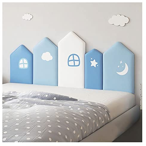 LIU- Gepolstertes Kopfteil, 3D-Wandpaneel, Kindliches Hausform-Design, Wandschutz Und Wanddekoration Für Kinderzimmer, Kinderzimmer, Spielzimmer, Packung Mit 5 Paneelen (Color : Blue, Size : 180cm)