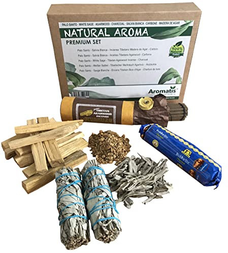AROMATIS - Palo Santo, Weißer Salbei, handgefertigtes tibetisches Sandelholz Weihrauch, Holzkohle - Natural Aroma Premium Set - Top Qualität Eco Natural Produkte (Mix)
