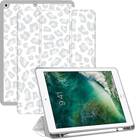 Deokke Kompatibel mit iPad 10.2 Zoll Hülle, 9.,8.,7. Generation Hülle (2021/2020/2019) mit Stifthalter und weicher TPU-Rückseite, für Mädchen und Frauen, weißes Leoparden-Gepardenmuster