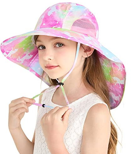 WAWSAM Girls Unicorn Sun Hat Adjustable Kids Rainbow Bucket Hats Toddler Unicorn Sun Protection Hat Baby Girls Wide Brim Neck Protection Summer Hat Beach Hat Ages 4-12