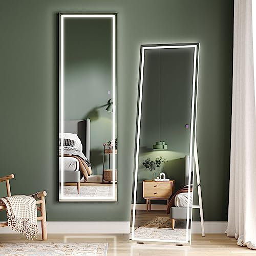 Dripex LED Full Length Floor Standing Mirror, 150x40CM Wall Mounted Mirror with Dimming & 3 Color Lighting for Bedroom (White Frame)