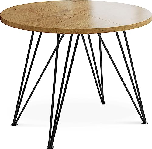 WFL GROUP Runder Ausziehbarer Esstisch - Loft Style Tisch mit Metallbeinen - 100 bis 180 cm - Industrieller Rund Tisch für Wohnzimmer - Spacesaver - Eiche Lancelot