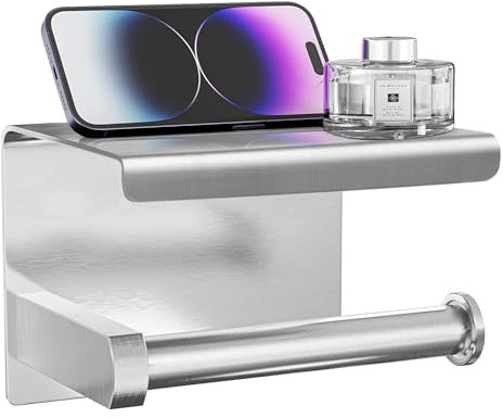 Strex Toilettenpapierhalter mit Ablage - Silber - Selbstklebend/Bohren/Kein Bohren - WC Rollenhalter - WC Papierhalter