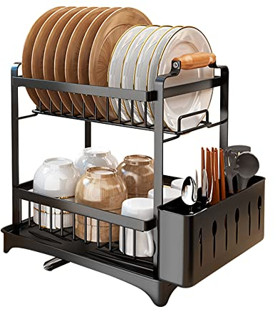 MAYMA Escurridor de platos de 2 niveles, escurridor de platos para cocina con bandejas de goteo, portacubiertos y mini escurridor para encimera o fregadero