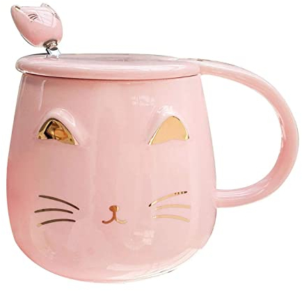 AiMeiteng katzen tassen, katzen kaffeetasse, katzentasse mit deckel und löffel, Katze Kaffee Tasse für Frauen Kinder 450ml Weihnachten Geburtstag Katze Geschenk Becher (Rosa)