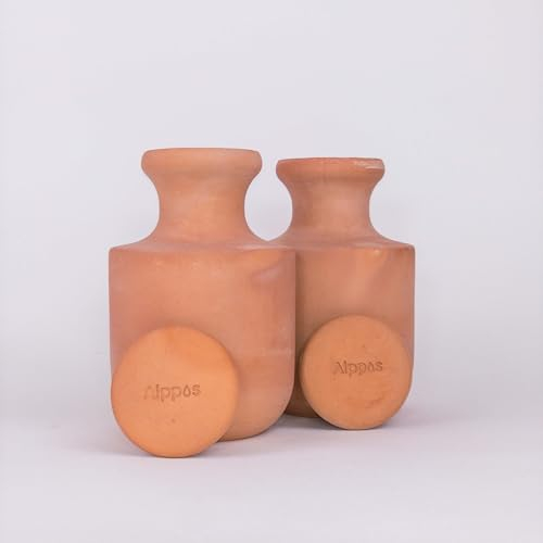 Alppos 2 Oyas à enterrer 1,2 Litre en Terre Cuite avec Couvercle - ollas pour Plante intérieure et extérieure - Goutte à Goutte par capilarité