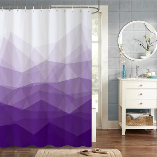 MIRRORANG 90x183cm Tissu Violet Rideau De Douche Ombre Violette Montagne Géométrique Rideau De Douche pour Salle De Bain Tissu Polyester Imperméable Ensemble avec Crochets