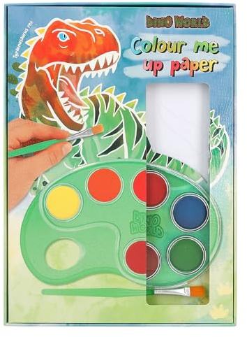 Depesche 12517 Dino World - Colour me up Paper, Aquarellpapier mit 10 Motiven zum Ausmalen, inkl. Pinsel und Wasserfarben