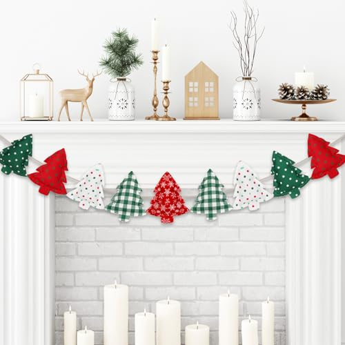 Whaline Weihnachtsbaum Stoff Banner 3D Plaid Dot Schneeflocke Weihnachtsbaum Girlande Rot Grün Urlaub Wimpelkette Girlande für Weihnachten Winter Urlaub Hängende Dekoration
