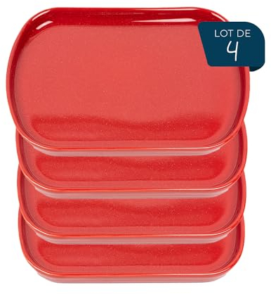 ESPRIT DE CUISINE - Lot de 4 Assiettes Oblongues En Céramique - Design Élégant - Résistant Aux Rayures - Solide Et Durable - Facile À Nettoyer - Made In France - 21 cm - Rouge Moucheté