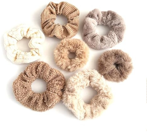 Wisafory 7 Stück Haargummis Scrunchies Set Plüsch Haar Ringe Zopfgummi Elastisches Haarband Pelziges Haarseil Haargummiband Pferdeschwanzhalter Haarschmuck für Frauen Mädchen Kaffee Set