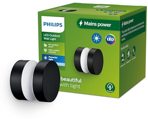 Philips Outdoor Laven Wandleuchte 6W, 4000 Kelvin kühlweißes Licht, IP44 wetterfest, schwarz