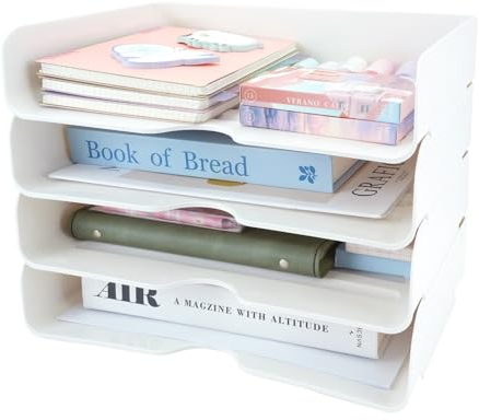 Juego de 4 Bandeja Escritorio, SHAIDOJIO A4 Tamaño Organizador Escritorio, Blanco Organizador Papeles, Organizador Documentos Organizador Escritorio Apilable para A4 Papeles Cartas Libros Documentos