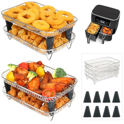 BYKITCHEN 4 Layers Air Fryer Racks with 8 Silicone Feet, Air Fryer Accessories for Ninja Dual AF400UK/AF451UK 9.5L, 304 Stainless Steel, Also Compatible with Tower/Instant/EMtronics 2 Drawer Fryer