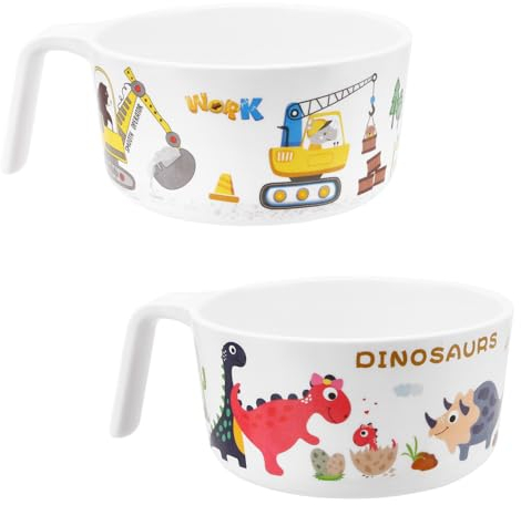 Qshare Babyschüssel,Baby Geschirrset mit Tiermotiv,Baby Geschirr,Kindergeschirr aus Melamin,Geschirr Baby für Kleinkinder,Babygeschirr Set (Dinosaurier + Bagger)