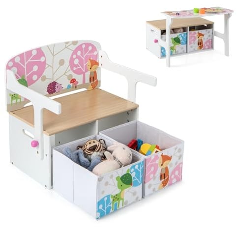 LIFEZEAL 3 in 1 Kinderbank, Holz Kindersitzbank mit Stauraum & Armlehenen, Sitztruhe Kinder inkl. Schreibtisch, Spielzeugtruhe Spielzeugkiste geeignet für Kinder von 3 bis 7 Jahren (Rosa)