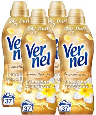 VERNEL Aromatherapie Sinnliche Frangipani Weichspüler 4x 37 WL (148 Waschladungen), langanhaltender Wäscheduft mit ätherischen Ölen für 24/7 Frische, recycelbare Flasche