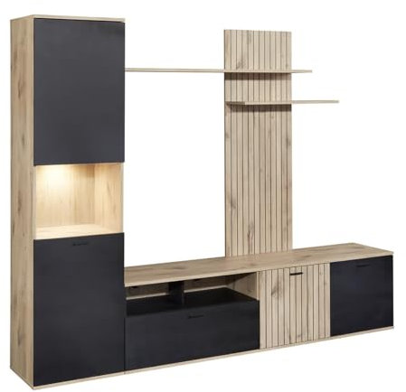NIVER - Meuble TV Mural avec Banc TV et Colonne LED Incluse et Aspect Bois Noir