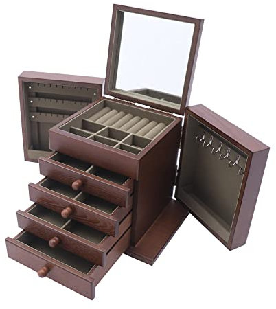 OUKANING 5 Schichten Schmuckkasten Holz Vintage 30x20x25cm, Schmuckkoffer Mit Spiegel, Schmuckaufbewahrung Schmuckkästchen Für Verschiedene Schmuck (Braun)