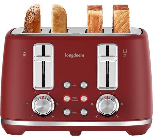 Toaster 4 Slice, Extra Wide Slots Stainless Steel with High Lift Lever, Dual Independent Controls, Removable Crumb Tray, Easy to Clean, 6 Shade Settings, Reheat & Defrost, Red