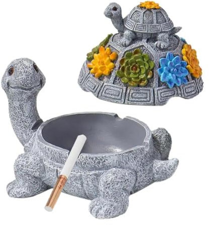 Acaino Schildkröte Aschenbecher mit Deckel, Zigaretten-Aschenbecher für Innen und Draussen, Windaschenbecher für Terrasse Veranda Gartendeko