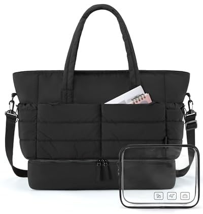 BAGSMART Puffer Reisetasche Groß 38l Sporttasche Damen Mit Schuhfach, Weekender Damen kliniktasche Geburt Wasserabweisend HandgepäCk Tasche, Weiches Dickes StrapazierfäHiges Taslon, Schwarz