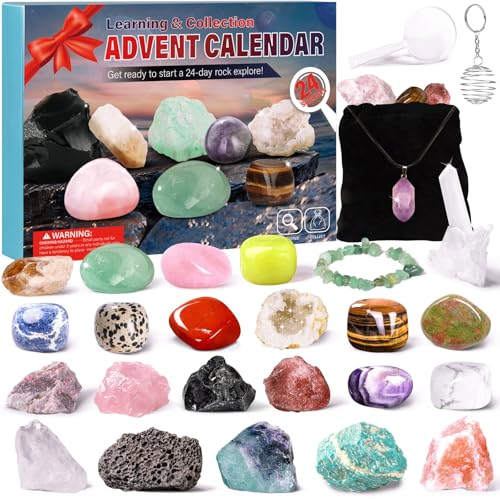 Kristalle Adventskalender 2024 für Kinder Weihnachtskalender 24 Stück Sammlung Gesteine und Mineralien Weihnacht Geschenk für Mädchen Jungen Geologie Enthusiasten