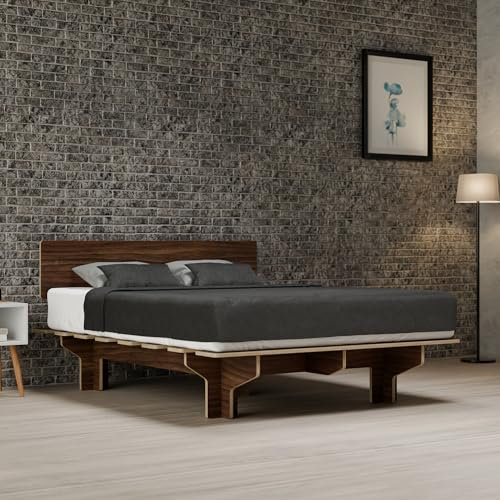 blumfeldt NordicAura Bettrahmen - FSC-Zertifiziertes Eukalyptusholz, Werkzeuglose Montage, Walnuss Finish, Hohes Kopfteil mit Stauraum, Passend für Matratzen 180x200 cm