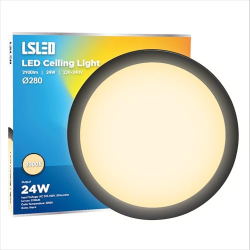 L5L3D LED Deckenleuchte Flach, Φ28x3 CM 24W 2900LM 3000K Warmweiß Deckenlampe Schwarz LED Panel Küche IP44 Wasserfest für Badezimmer Schlafzimmer Wohnzimmer Kella Flur, Ultra Dünn
