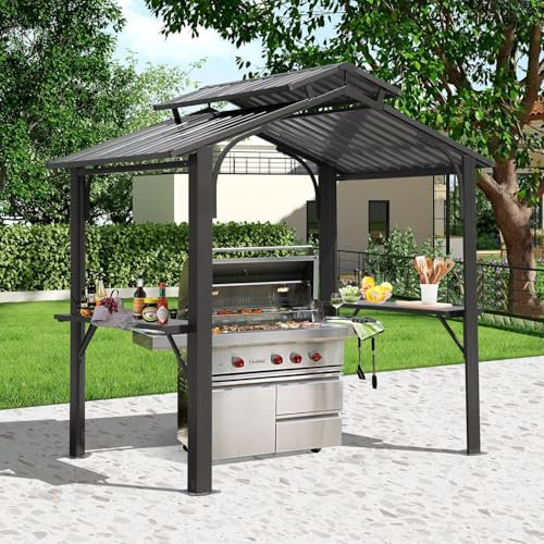 Domi 8×5FT Hardtop Grill Gazebo, Outdoor BBQ Gazebo w/Galvanized Steel Double Roof, Permanent Sun Shade Grill Canopy Shelter with 2 Side Shelves and Ceiling Hook for Patio Deck Yard Garden (Grey)