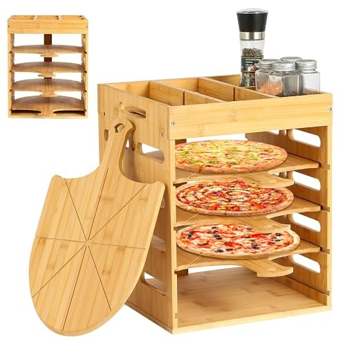 KWYADLUO Pizza Peel Rack Stand Wooden, 4 Pack of 12 Inch Pizza Peels Wood, Pizza Peel Rack Holder with Top Storage Free Container Divider, Cutting Grooves for Easy Pizza, Perfect for Family Parties