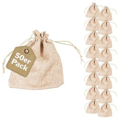 SPRINTIS Jutesäckchen naturfarben, 15 x 20 cm (50 Stück) - reißfeste Geschenkbeutel mit Kordelzug, für Hochzeit, Weihnachten, Deko, Adventssäckchen