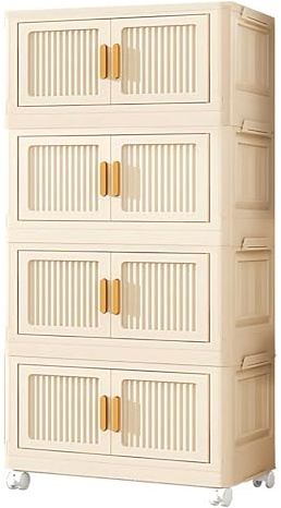 4 Tier Stackable Storage Bins Folding Storage Boxes with Lid and Wheels | Storage Organizer, folding storage cabinet for Bedroom Living Room Study Office for Home Bedroom Kitchen,Party, Office, Dorm