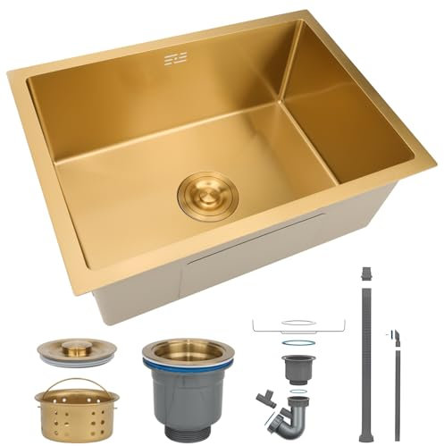 HZKSINNK 60x40cm Fregadero Cocina, Oro Cepillado Fregaderos De Un Seno, Acero Inoxidable Barra Fregaderos De Cocina, Fregadero Bajo Encimera O Sobre Encimera Con Filtro De Drenaje