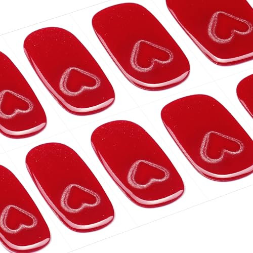 DANNI & TONI Semi Cured Gel Nail Strips,Heart Shaped Cat Eyes Soft Self-Adhesive Gel Nail Stickers,Salon-Quality Gel Nail Polish Strips Manicure Stickers Set-Crimson Heart 28Pcs