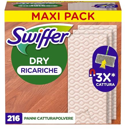 Swiffer Panni Cattura Polvere, 216 Panni Microfibra Dry, Cattura Polvere e Sporco, Ottimo per Tutti i Tipi di Pavimenti e per i Peli di Animali, Giga Formato