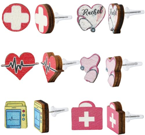 SUNNYCLUE 6 Paar Krankenschwester Ohrstecker Medizinische Holz Ohrstecker Herz Stethoskop Krankenschwestern Tag Charms Bunter Naturholz Charm Holz Ohrstecker Für Frauen Und Männer Modeschmuck Geschenk